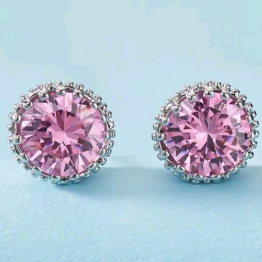 Pink Rhinestone Silver Earrings